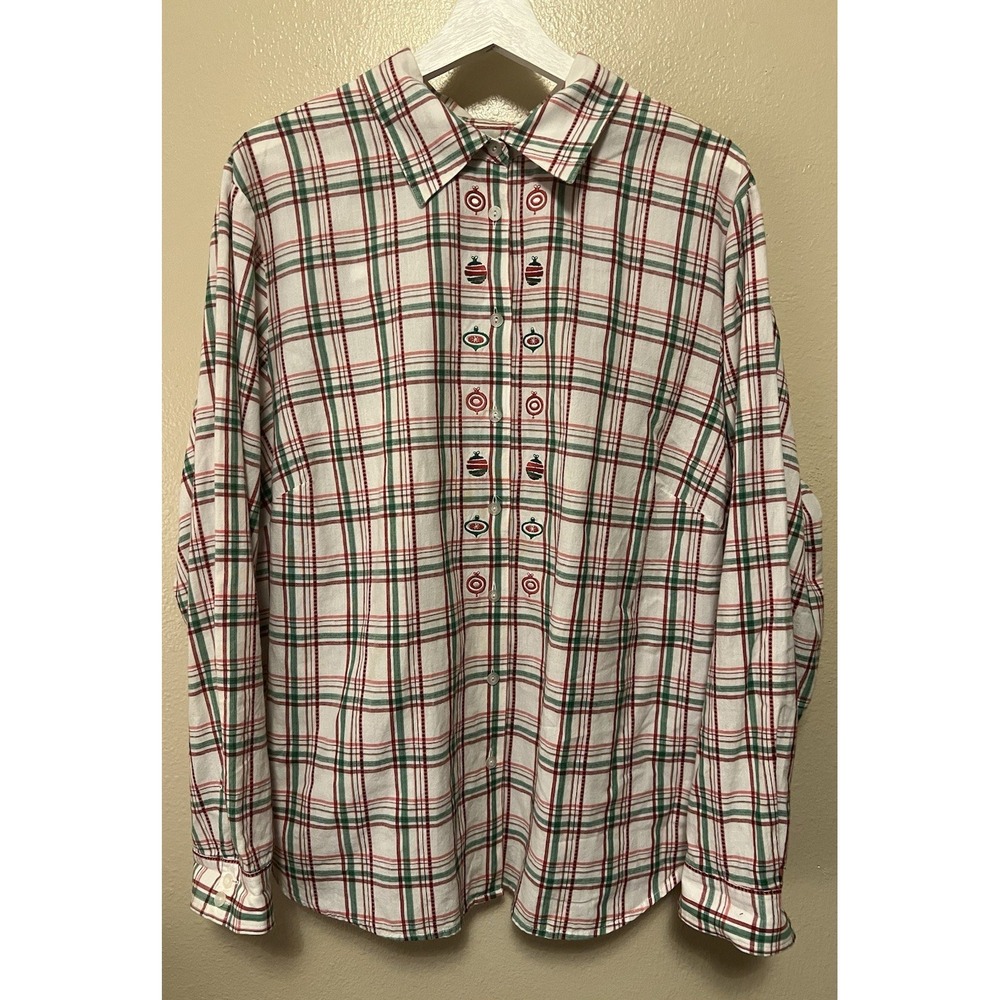 Karen Scott Christmas Plaid Button Up Shirt Ornaments Embroidered Womens Plus 2X